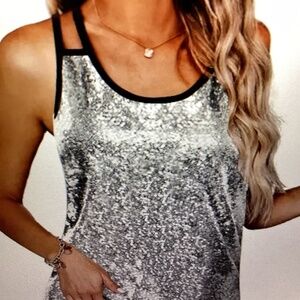 Sequined Double Strap Tank Top ( Size : XXL) (Color: Silvery)